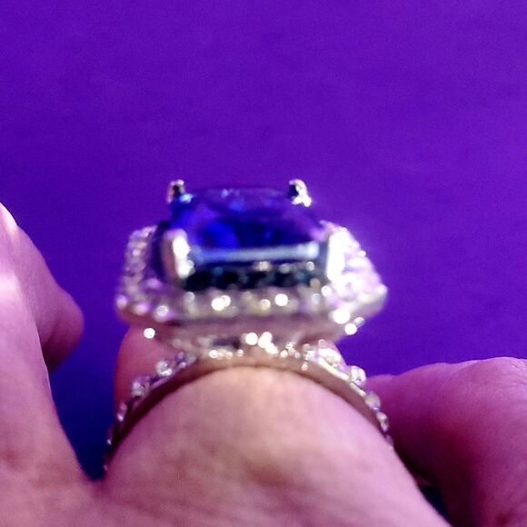 Princess Cut Blue Sapphire & White Baguette Diamond Ring on 925 Sterling Silver - Picture 6 of 7